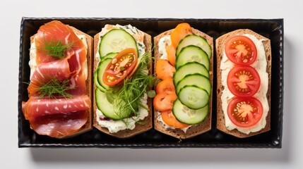 Sandwich with toasted bread, vegetables, cheese and slice of bacon on a plate, isolated white background, generative ai