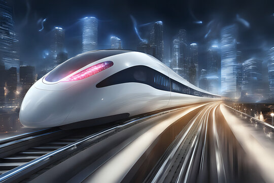 An awe-inspiring image of a superfast magnetic levitation city train with lights trails, illustrating the future of efficient, high-speed rail travel