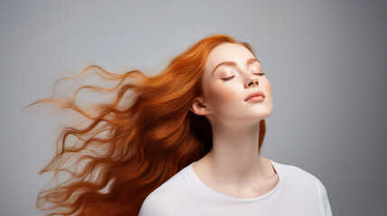 Haircare Elegance: Mesmerizing Studio Portrait of a Ginger Model with Breezy Locks