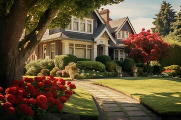 classic house with flower garden