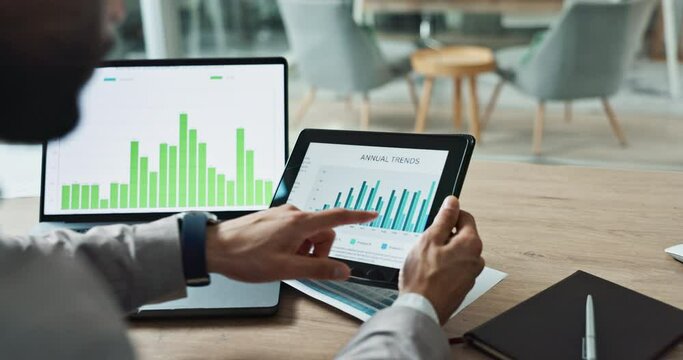 Hands, laptop and chart with tablet for business man, analysis or check progress of economy, investment or profit. Financial agent, pc and reading graph for data stats on app, growth and numbers