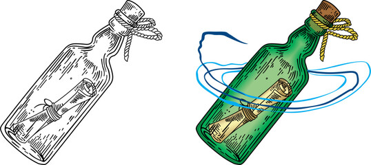 a letter sealed in a glass bottle floats in water