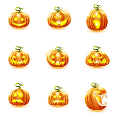 Halloween pumpkins on a transparent background, funny, sad, scary, angry, toothy, minecraft