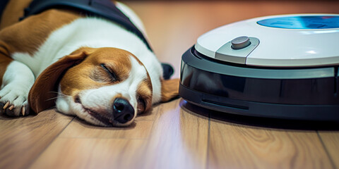 Endearing close-up of a halted cleaning robot alongside a blissfully sleeping dog in serene, empty home - symbolizing companionship and freedom. - obrazy, fototapety, plakaty