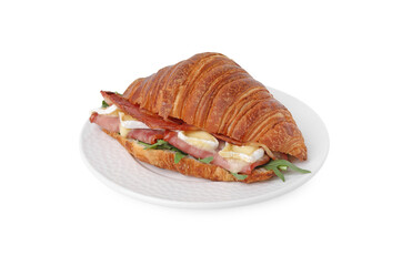 Tasty croissant with brie cheese, ham and bacon isolated on white