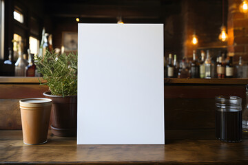 White Plain Paper on Wooden Table in Cafe Restaurant Interior Decor