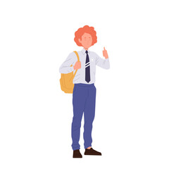 Smart happy teenager schoolboy character wearing uniform prepared for education gesturing thumbsup