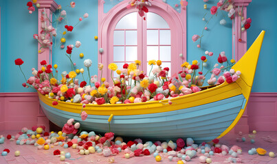 A boat inside filled with flowers with a blue and yellow theme