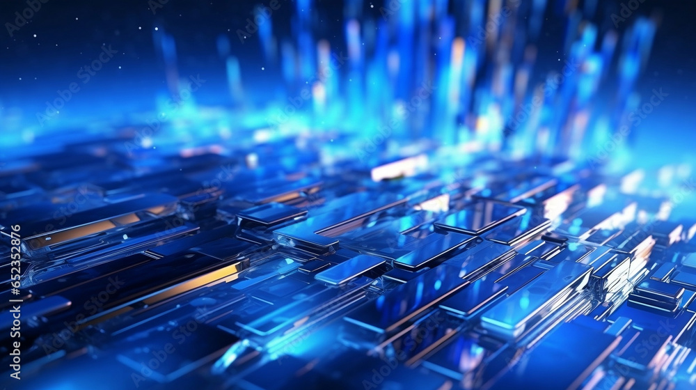 Poster glowing block surface, cyberspace and innovation concept futuristic technology abstract background.