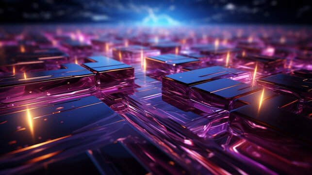 Glowing purple block surface, cyberspace and innovation concept futuristic technology abstract background.