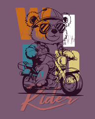Biker bear with sunglasses riding motorcycle. Contour art vector illustration