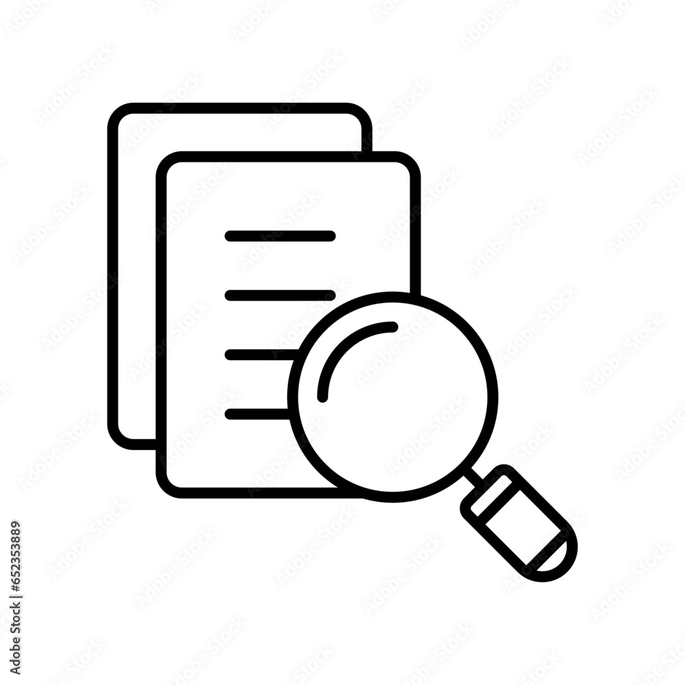 Poster search document book file line icon style. find paper page with magnifying glass tool symbol. magnif