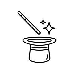 Line icon style, hat and magic stick wand. Magician or illusionist equipment for trick effect in fantasy entertainment performance. Outline Vector illustration. Design