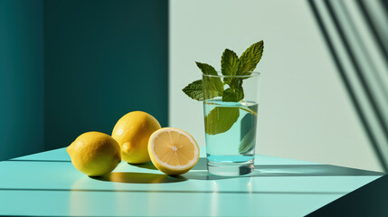 A glass of water with a slice of lemon and a mint leaf on the table