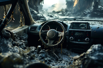 Flooded car from inside after bad weather, hurricane or flooding. Interrior of damaged ruined wet automobile transportation with dirty water flood after rain. Natural disaster and human being concept. - obrazy, fototapety, plakaty