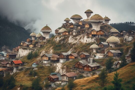 City with unconventional mushroom houses on mountain peaks. Generative AI
