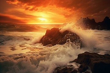 A sunset over the sea as waves crash on rocky shores covered in foamy water and waves. Generative AI