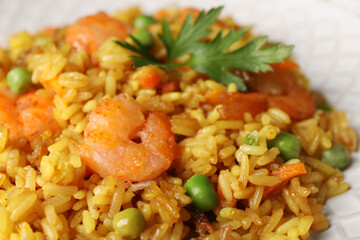 Tasty rice with shrimps and vegetables, closeup