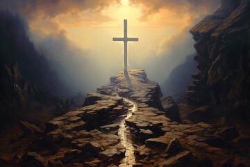 The Crossroads: A Symbolic Image of Life's Choices - A Narrow Path Amidst Distractions, Leading to an Empty Cross at Journey's End