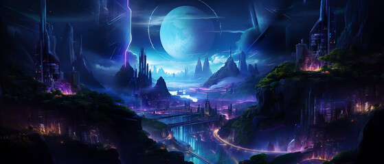 Mystische Fantasiewelt mit Bergen und Planet