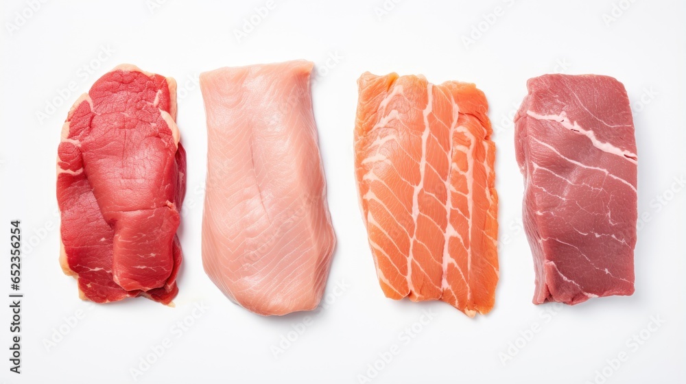 Wall mural Different raw meat steaks isolated on white background, top view angle, generative ai