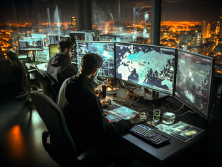 Intriguing surveillance command center in a bustling metropolis, stirring emotions of power and control. A must-have for illustrating urban safety. - obrazy, fototapety, plakaty