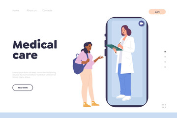 Medical care landing page template with patient talking to doctor via mobile video chat application