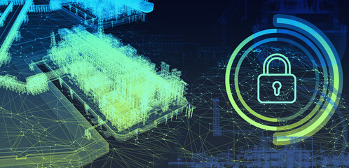 Cyber security in the oil and gas industry. Scheme. 3d-rendering