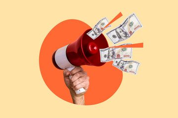 Photo comics magazine collage of hand holding bullhorn speech announce money banknotes loud speaker icon isolated on yellow background - obrazy, fototapety, plakaty