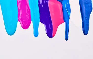 Acrylic multicolor paint blot, chaotic brushstroke, spot flowing on white paper background. Creative blue color backdrop, fluid art.