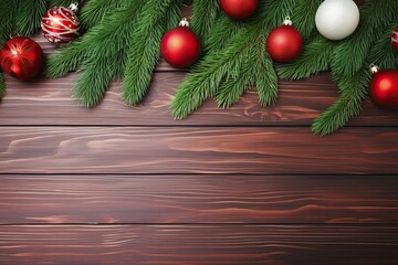 Fototapeta premium Elegant and festive Christmas decoration wallpaper adorned with a delightful array of holiday ornaments, twinkling lights, and seasonal greenery