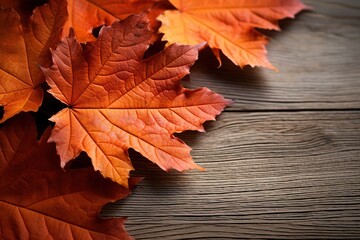 Naklejka na ściany i meble Autumn maple leaves on wooden table.