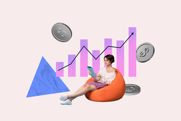 Photo collage of young business lady lying beanbag tablet analyzing crypto industry results graphic...