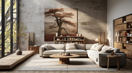 cozy and minimalistic Japandi - style living room interior