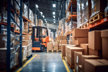 Cardboard and forklifts on cartons in background of retail  warehouse full of shelves with goods. Business concept of distribution and industry. - obrazy, fototapety, plakaty