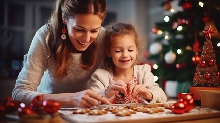 Christmas cookies are being made by a mother and daughter. Generative AI. - obrazy, fototapety, plakaty