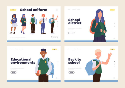 Back to school isolated set of landing page template offering online education, uniform for study