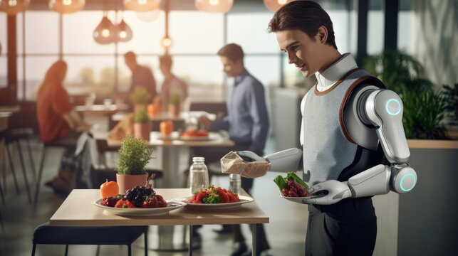 The future of humanity .robot waiter buffet restaurant worker with snack food