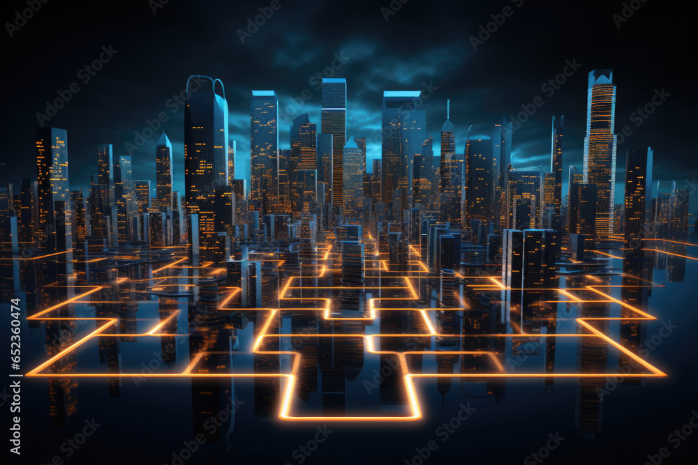 Poster digital city with illuminated connection lines on dark background. futuristic smart city concept. bi