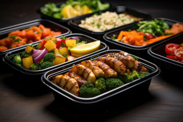 Prepared food for healthy nutrition in lunch boxes. Catering service for balanced diet. Takeaway food delivery in restaurant. Containers with everyday meals - obrazy, fototapety, plakaty