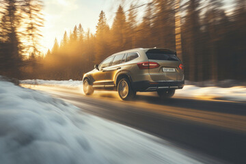 Fototapeta na wymiar Car on snowy road in winter forest. Danger driving on slippery road at blizzard