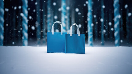 two blue shopping bags on a snow surface and a winter forest in the background with snowfall