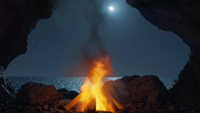 big bonfire with sparks and particles in front of sea and cave
