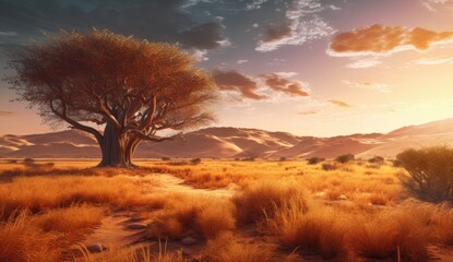 A cinematic African landscape featuring sweeping grasslands