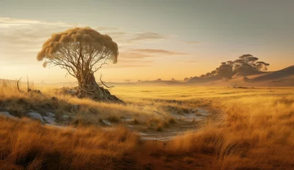 Fotobehang A cinematic African landscape featuring sweeping grasslands © jambulart