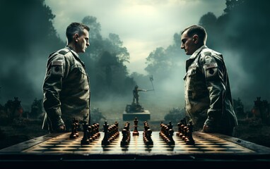 The chessboard and Russian and Ukrainian soldiers are facing each other. concept of military confrontation.