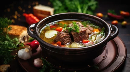 Foto op Plexiglas Paleo bone broth diet, beef meat soup. Low-carb food, keto recipe. © kardaska