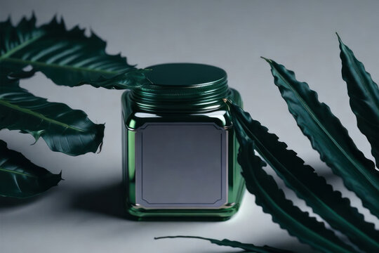 green jar of cosmetics mockup, on a background of aloe, Green glass jar with blank label and green leaves on gray background.