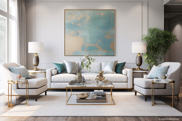 Fototapeta premium Coastal interior design for a modern living room featuring an elegant sofa, framed artwork, a table, and various accessories