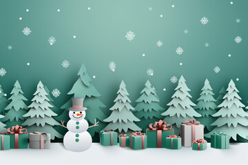 Grey Xmas banner in paper cut style. Illustrations of decorated Christmas tree with snowman, gift boxes around, and snow fall over grey background. Generative AI.